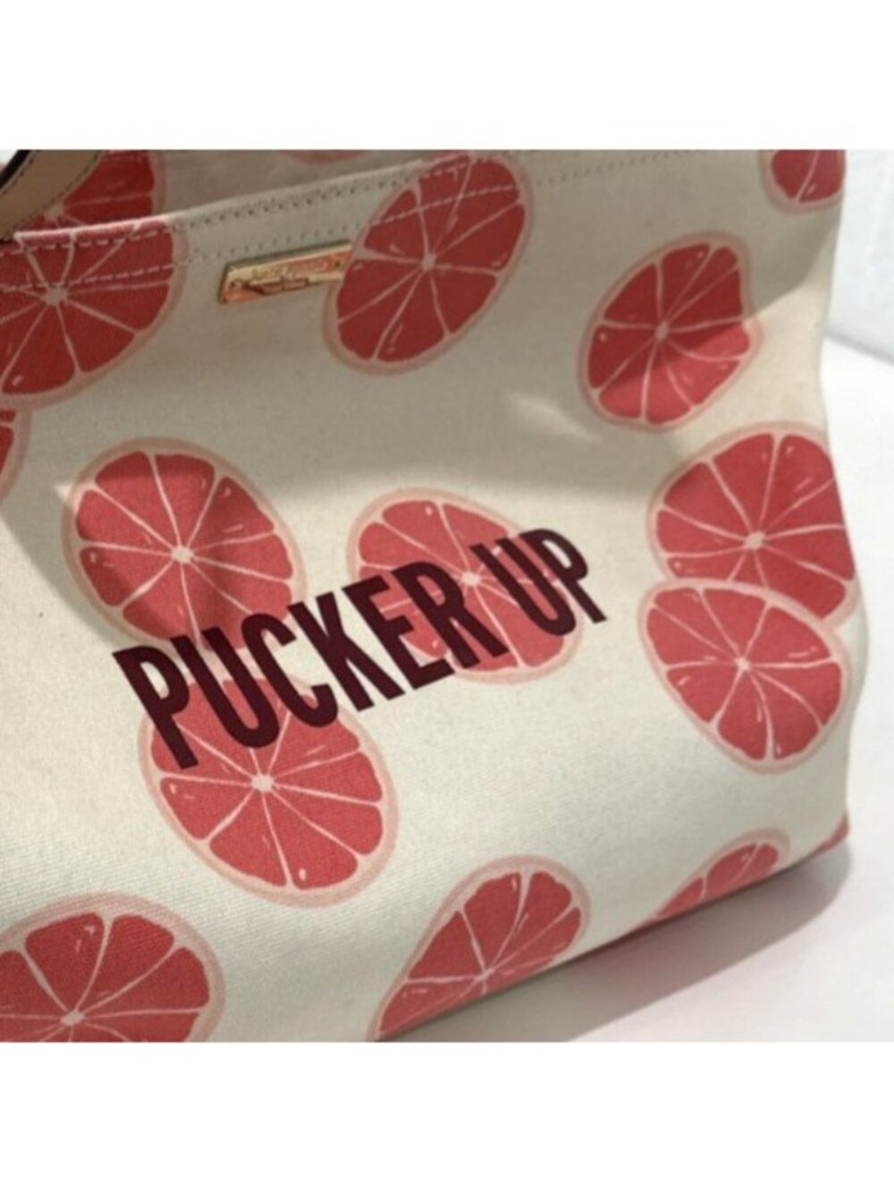 Kate Spade Flights Of Fancy Francis 'Pucker Up' Grapefruit Canvas Tote Purse Bag - Picture 4 of 11